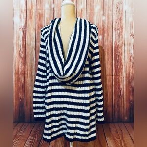 Women’s 2X Sweater Ashley Stewart Blue White Striped Draped Cowl Neck Soft Knit